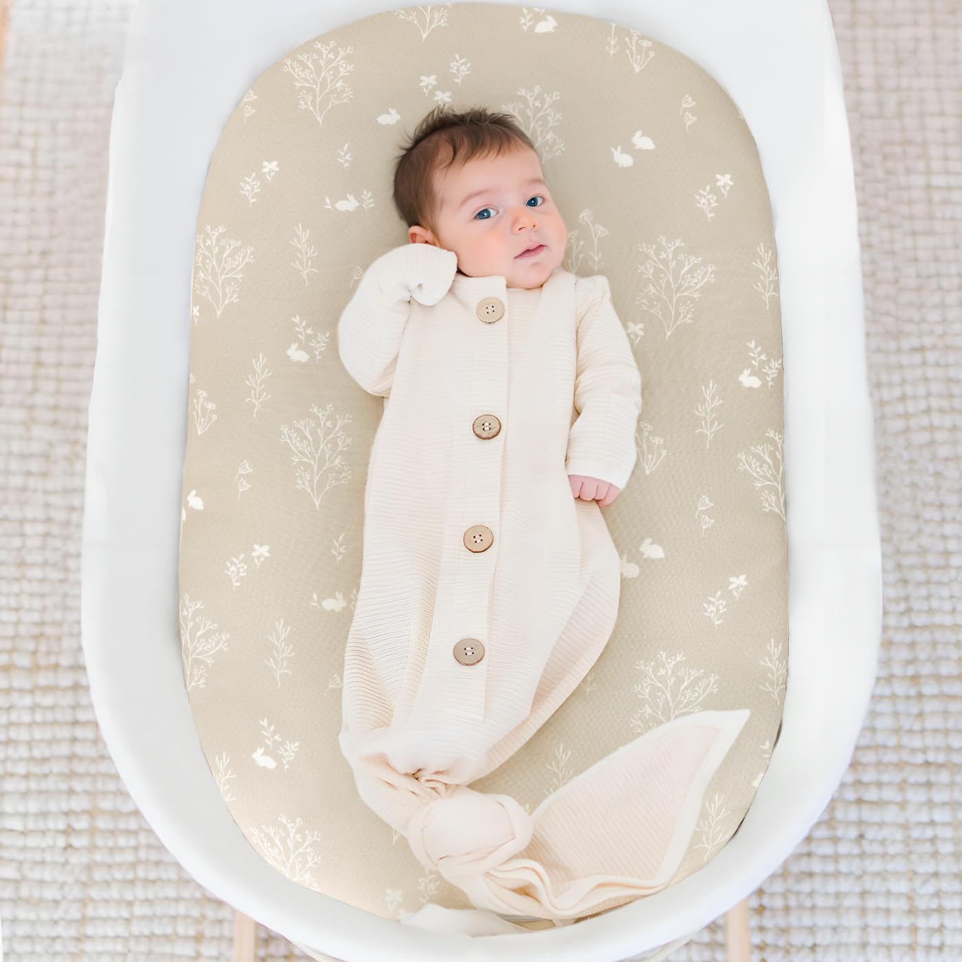 GRSSDER watercolor rabbit pattern on bassinet sheet adds nursery style.