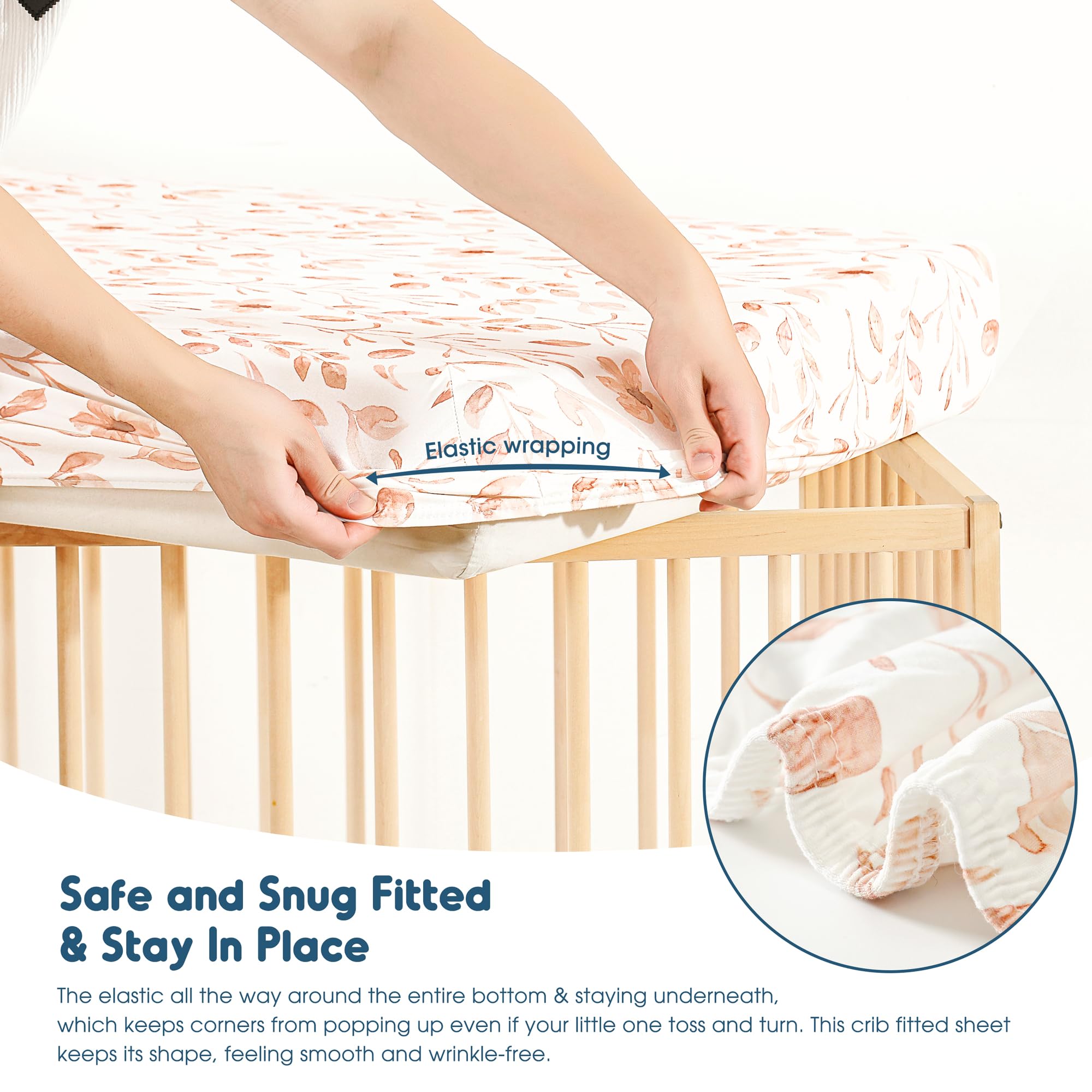 Elastic edge surrounds the sheet for quick, secure fitting on standard cribs.