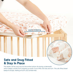 Elastic edge surrounds the sheet for quick, secure fitting on standard cribs.