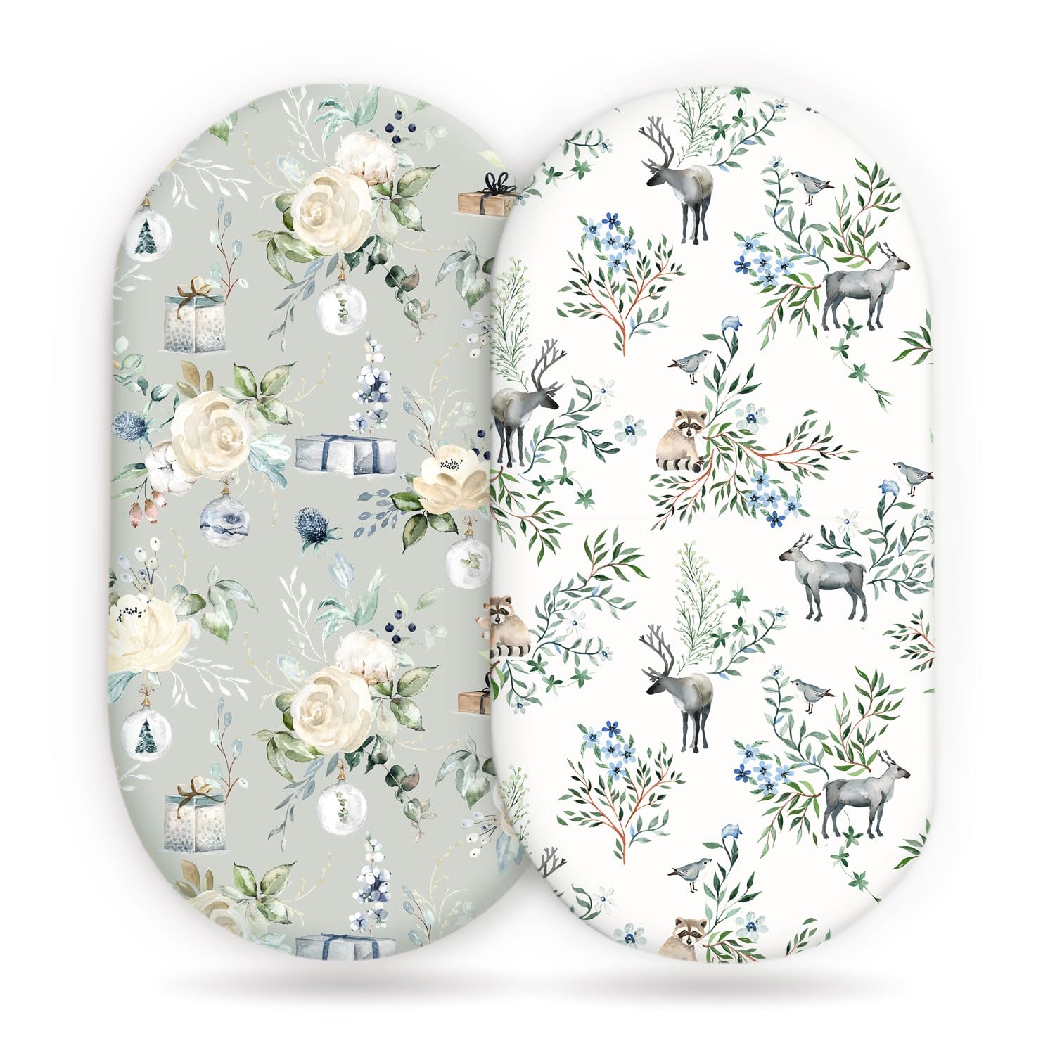 GRSSDER Stretchy Bassinet Sheet universal fit shown on an oval bassinet, easy to install and secure.