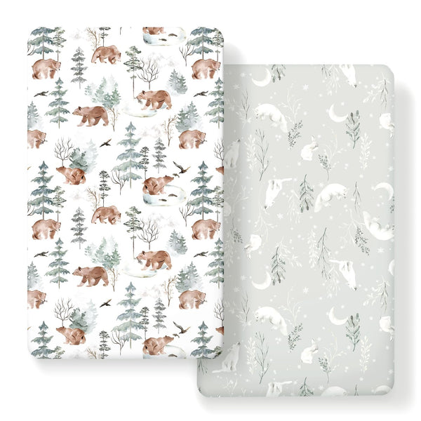 GRSSDER bear-print stretchy crib sheet; snug fit for crib mattresses.