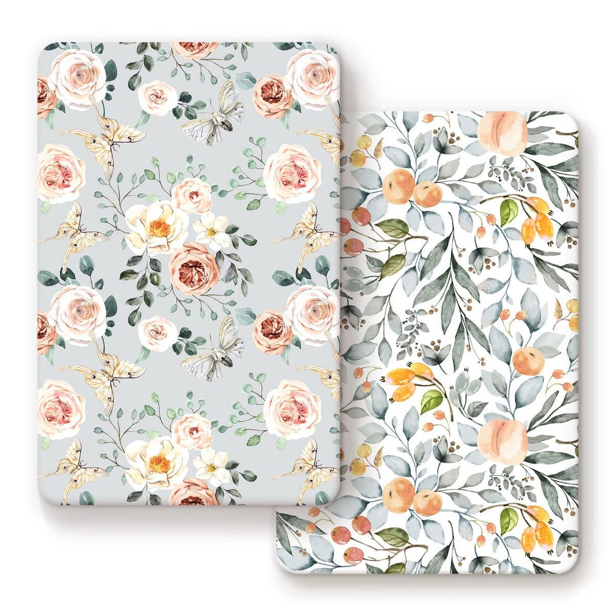 GRSSDER mini crib sheet with watercolor flowers and fruits—soft, breathable for comfy naps.