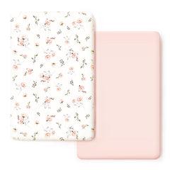 GRSSDER stretchy jersey-knit pack n play sheets in rose pink print for cozy, secure sleep