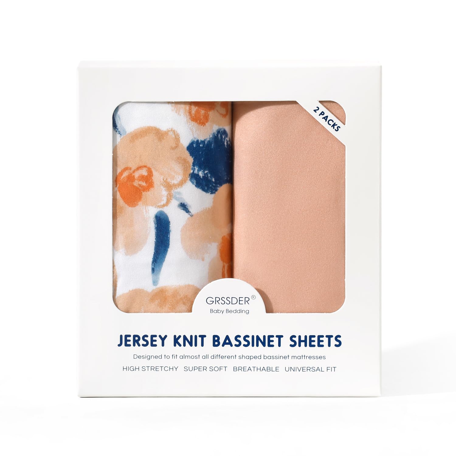 GRSSDER stretchy-knit bassinet sheet demonstrating 4-way stretch for quick, secure fit