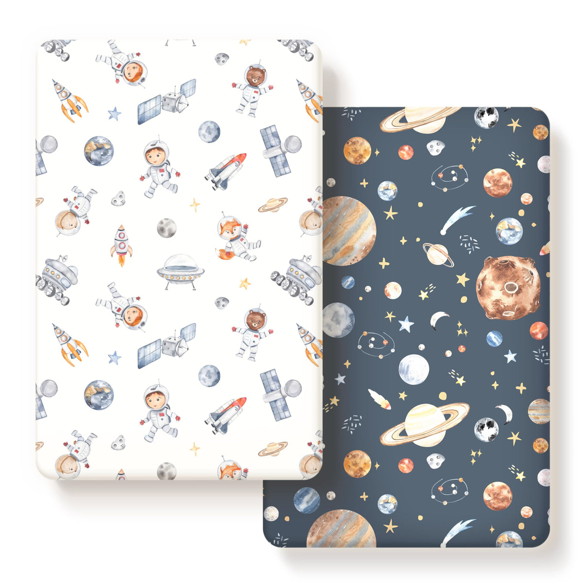 GRSSDER stretchy mini crib sheets with space print provide a snug fit for pack n plays.