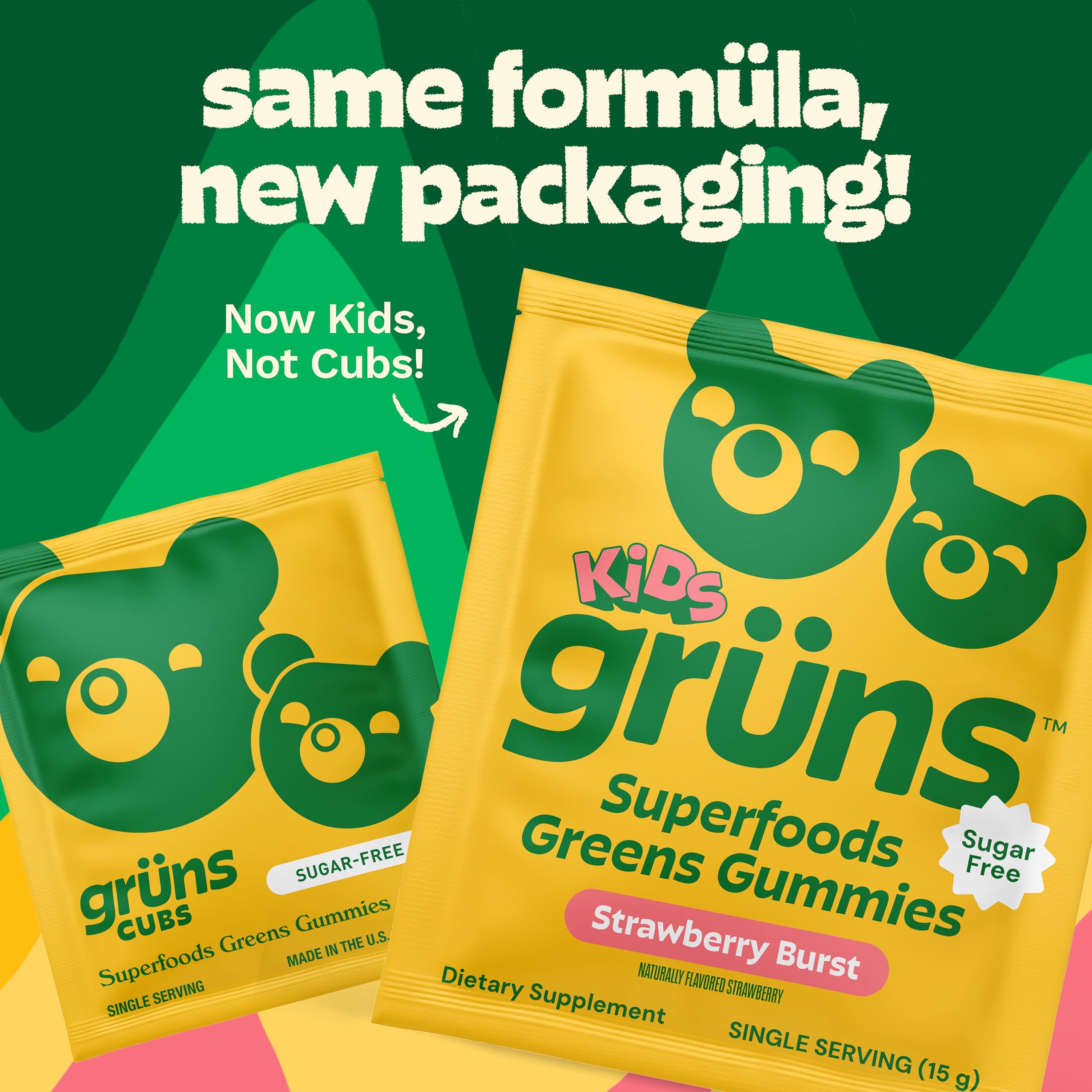 Grüns 60-ingredient blend graphic highlights comprehensive greens nutrition approach.
