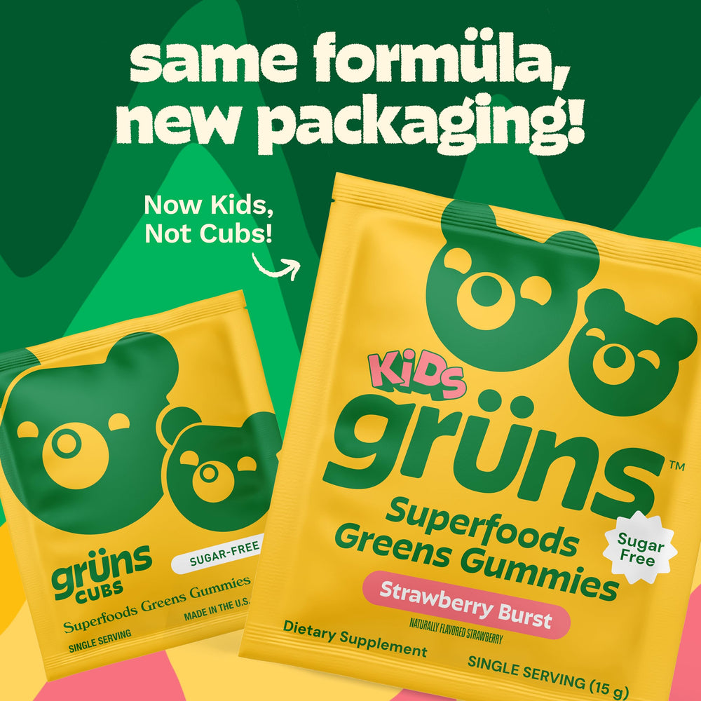 Grüns 60-ingredient blend graphic highlights comprehensive greens nutrition approach.