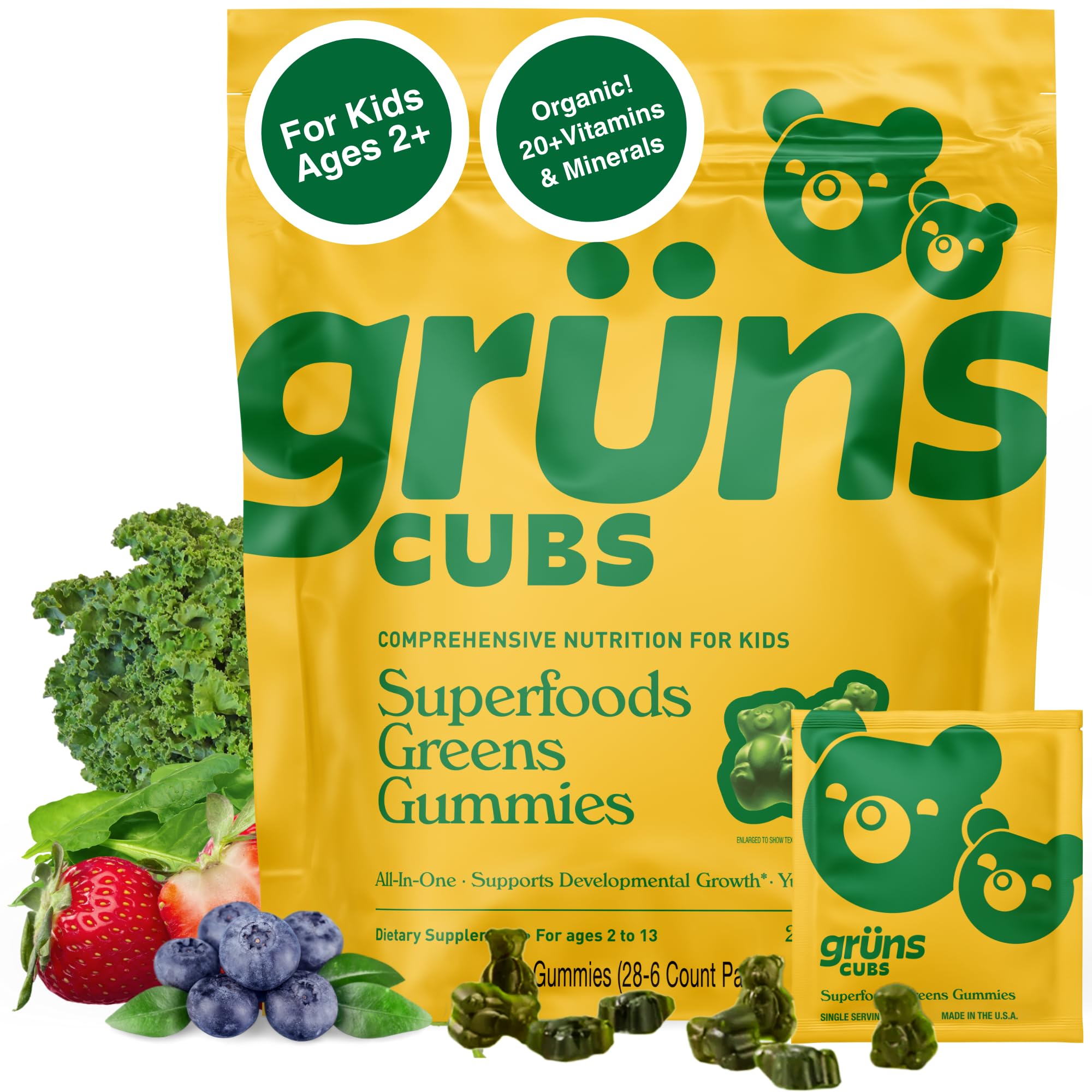 Grüns Gruns Kids Gummies bottle shows a 60-ingredient formula for daily nutrition