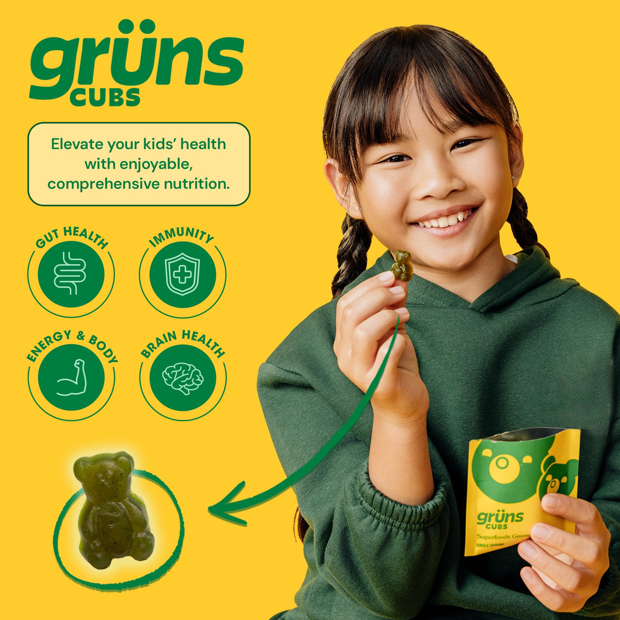 Grüns Gruns ingredients panel featuring spirulina, chlorella, and alfalfa