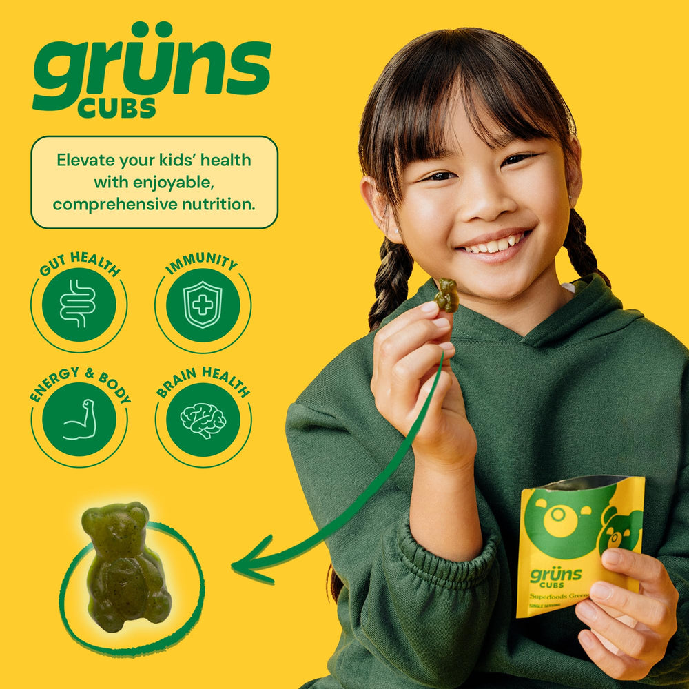 Grüns Gruns ingredients panel featuring spirulina, chlorella, and alfalfa