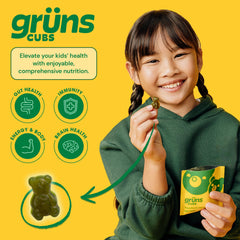 Grüns Gruns ingredients panel featuring spirulina, chlorella, and alfalfa