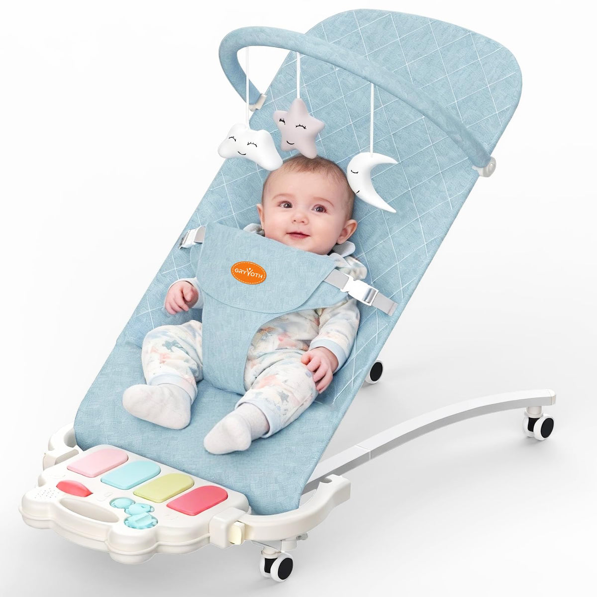 Gryvoth portable baby bouncer seat front view promotes soothing play and development.