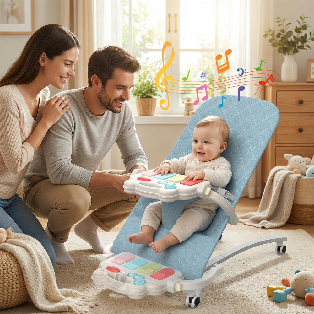Gryvoth portable baby bouncer seat with piano and toys enhances early sensory exploration.