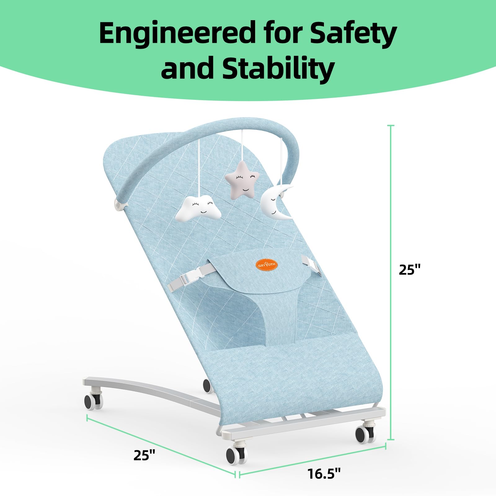 Gryvoth bouncer supports infants up to 30 lbs with a sturdy base.