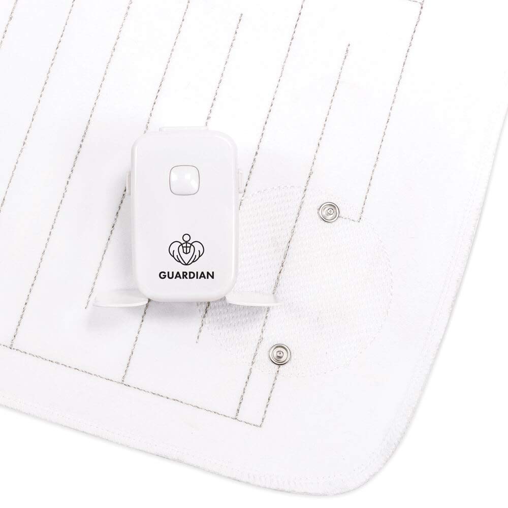 Guardian bedside alarm unit with stand for easy placement and quick wake-up alerts.