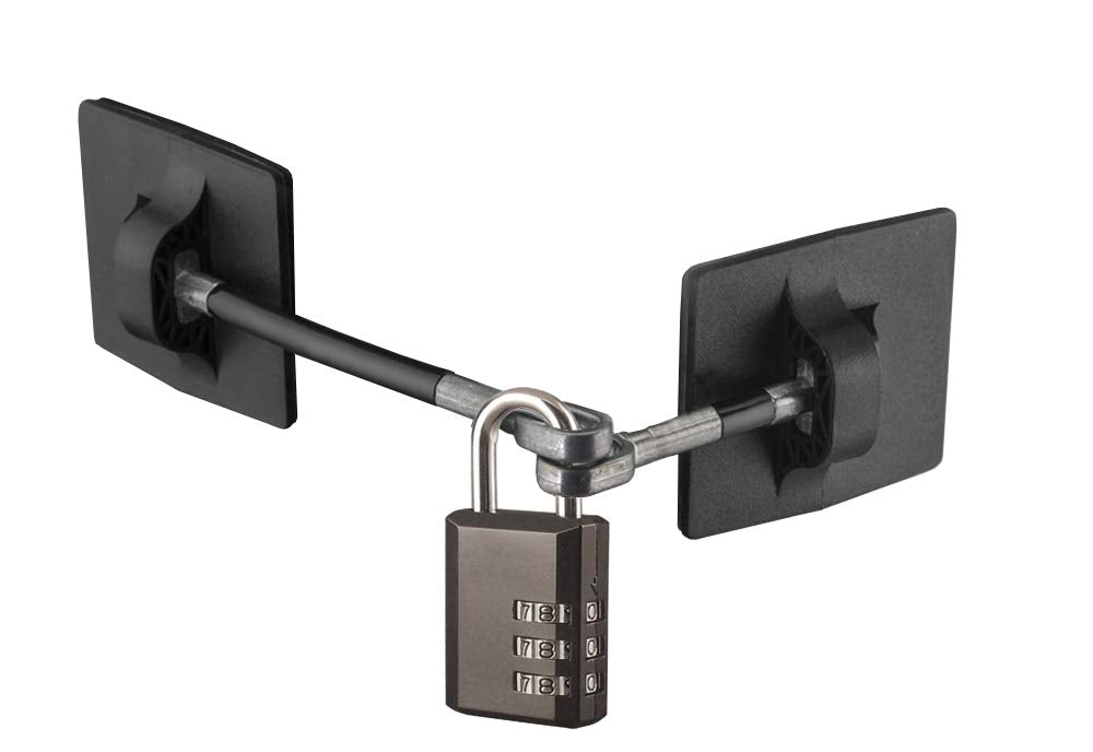 Guardianite fridge lock with black padlock secures medicines and snacks safely.