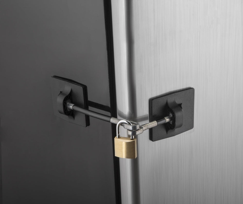 Guardianite fridge lock padlock close-up highlights sturdy metal and keyed protection.