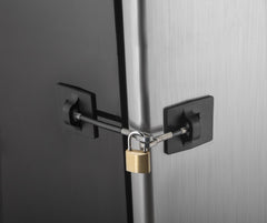 Guardianite fridge lock padlock close-up highlights sturdy metal and keyed protection.