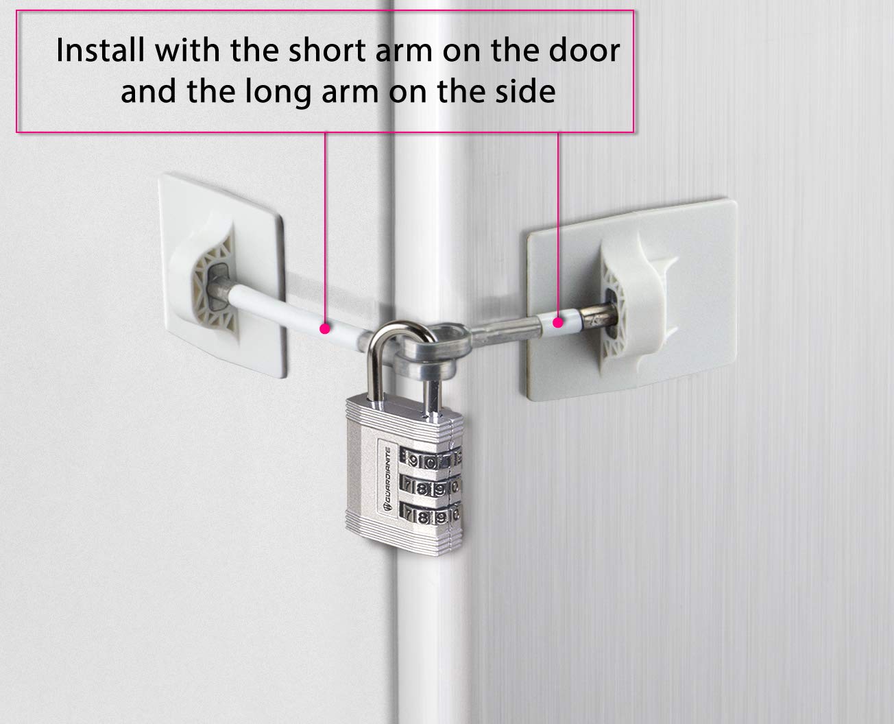 Guardianite lock on fridge door demonstrates secure installation.