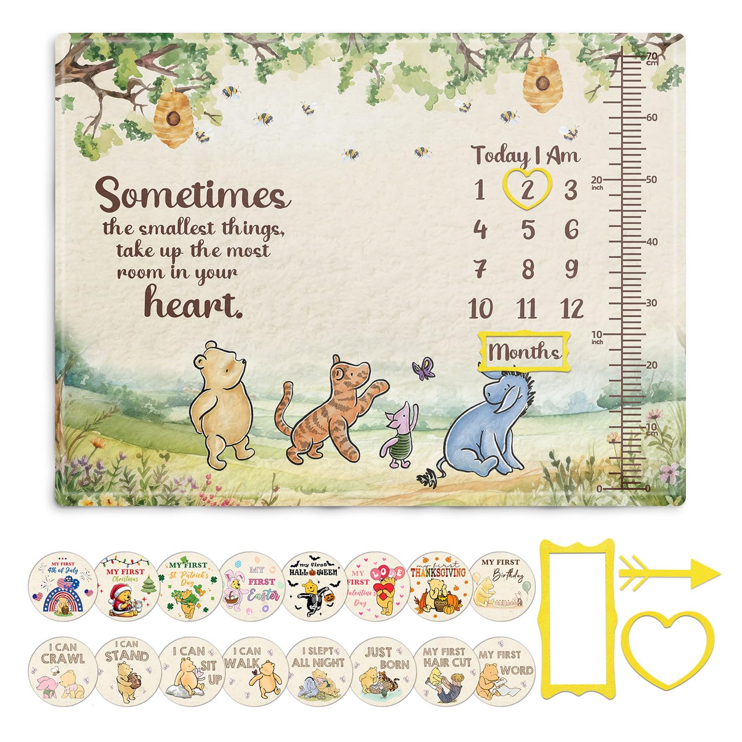 Guawubiang Pooh monthly milestone blanket spread with Winnie design for memorable photos.
