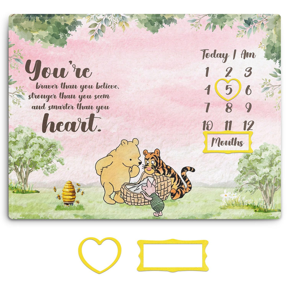 Guawubiang Winnie monthly blanket flatlay in pink highlights milestone tracking and adorable photo setups.