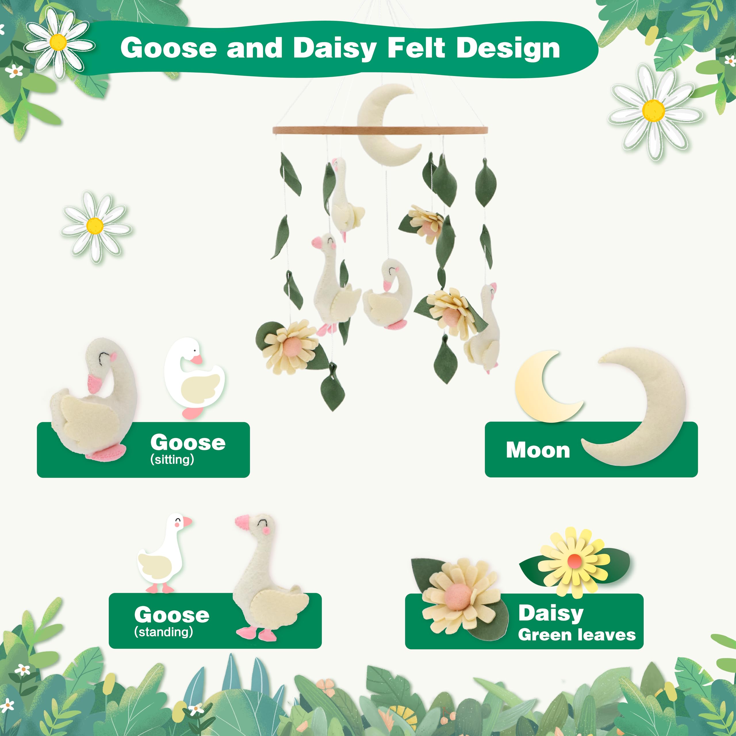 Gueiddi Goose mobile with daisies delivering whimsy for bedtime decor