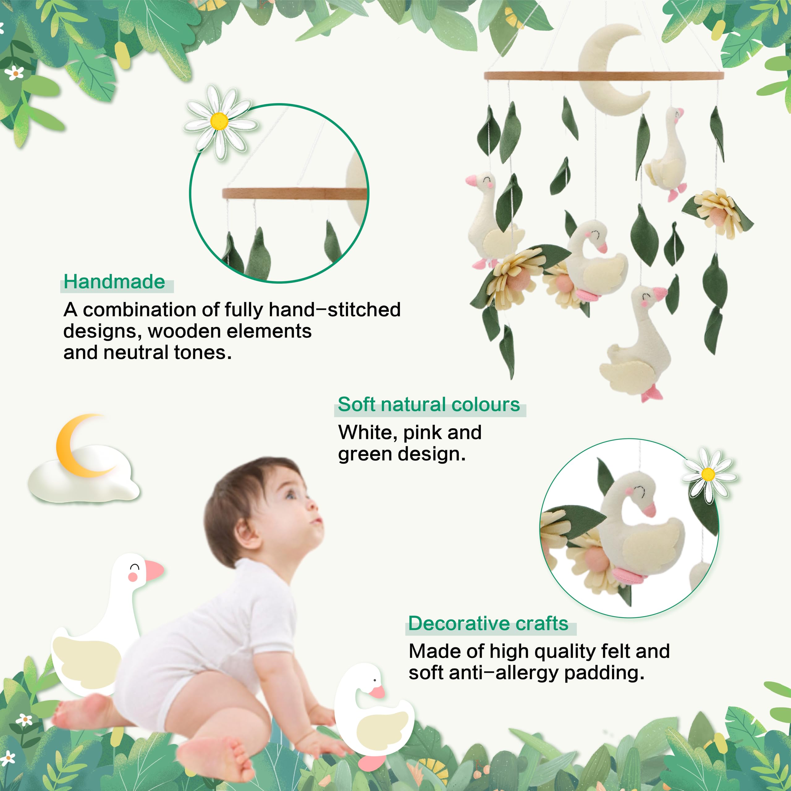 Gueiddi Goose mobile with green leaves adding soothing color to the nursery