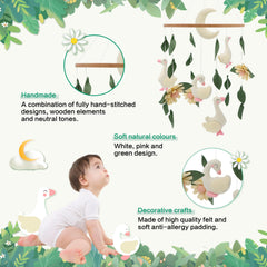 Gueiddi Goose mobile with green leaves adding soothing color to the nursery