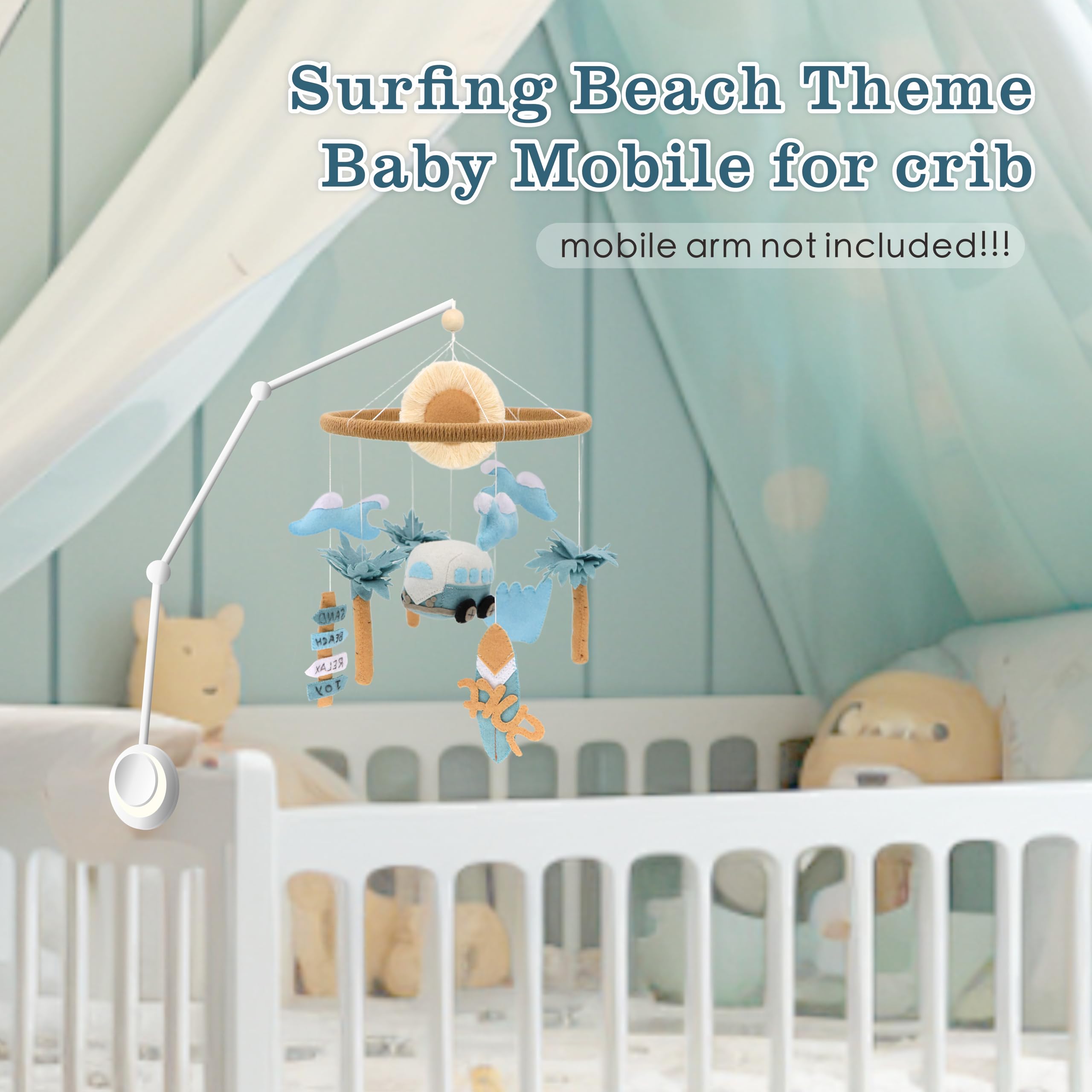 Gueiddi Surf Mobile for Crib wood elements add natural texture to decor