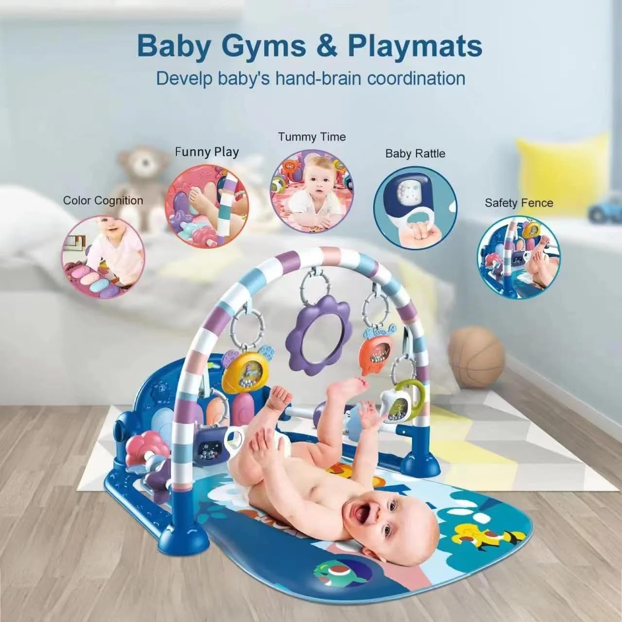 GUGUKUKU Baby Gym mat clock rattle encouraging motor engagement