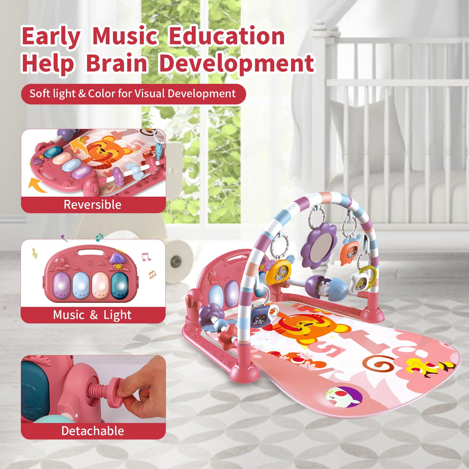 GUGUKUKU Baby Gym three-spinner toy promotes fine motor skills.