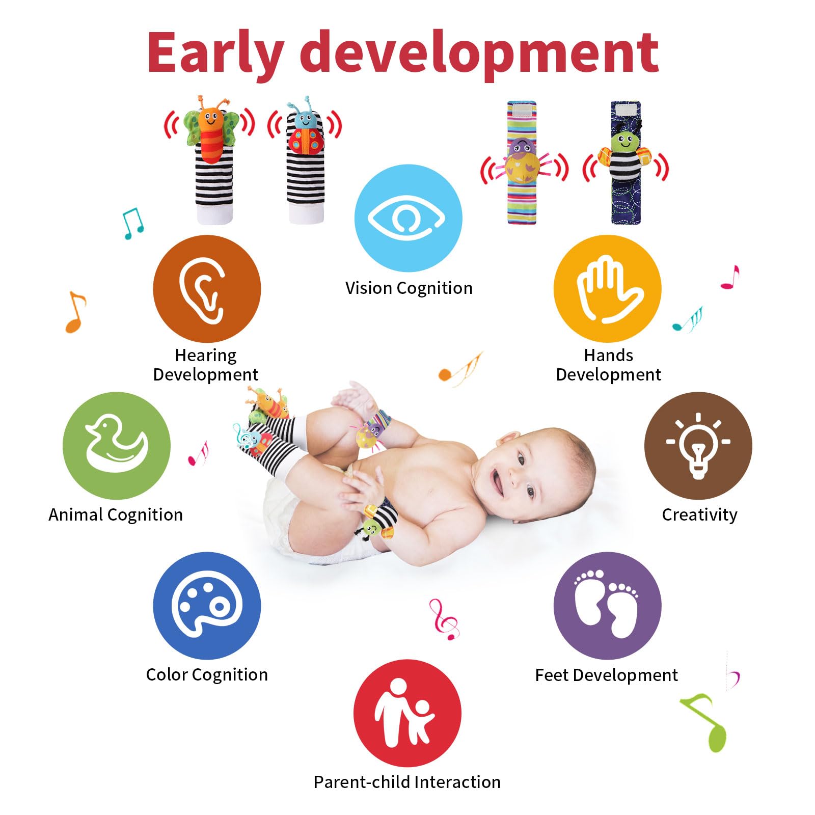GUGUKUKU wrist rattle socks promote grasping and limb movement during play.