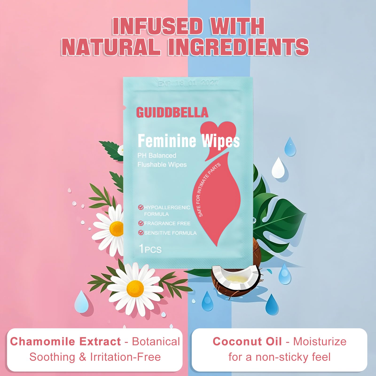 GUIDDBELLA flushable wipes visible in open packet for discreet cleansing on the go.