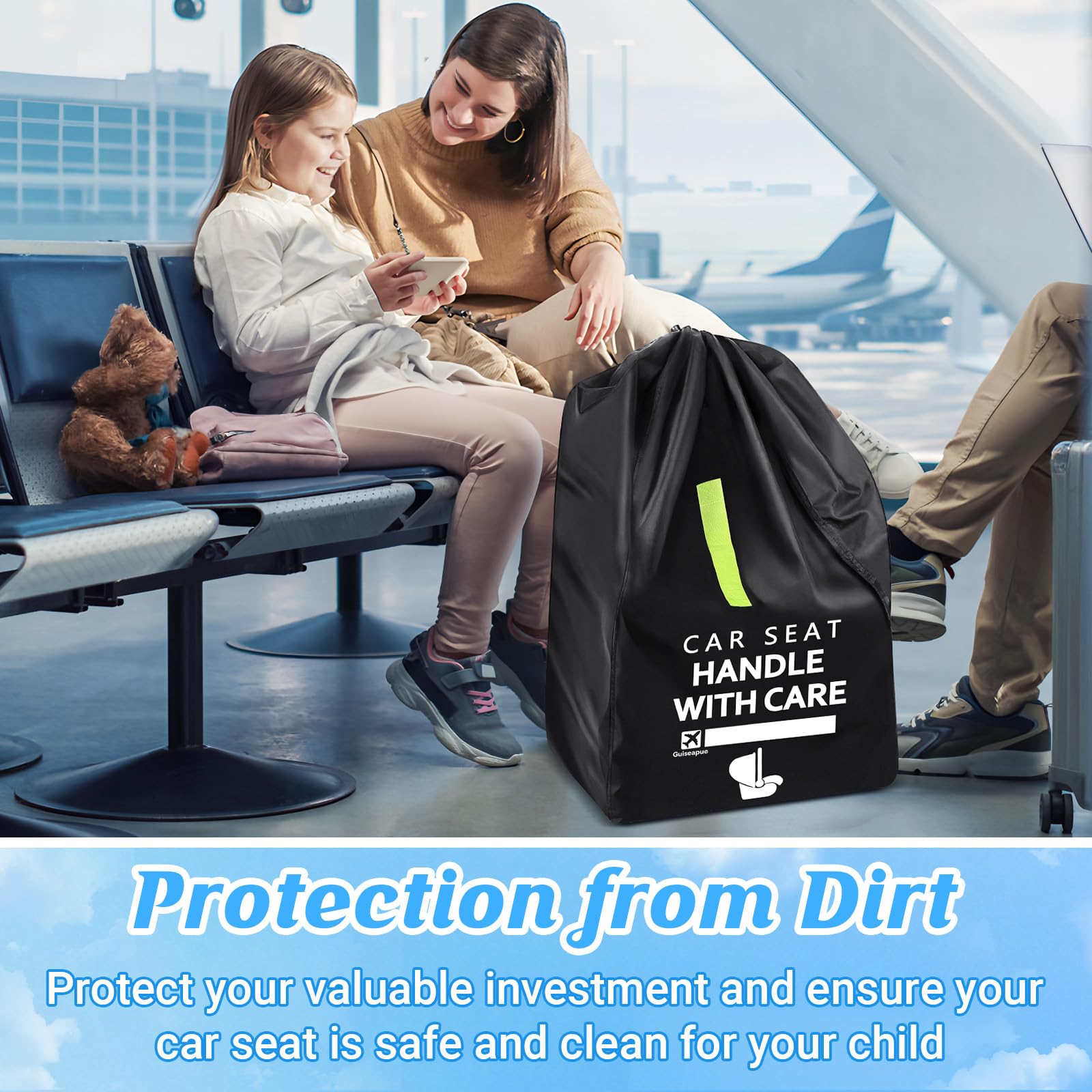 Guiseapue car seat travel bag with drawstring closure securing the seat inside.