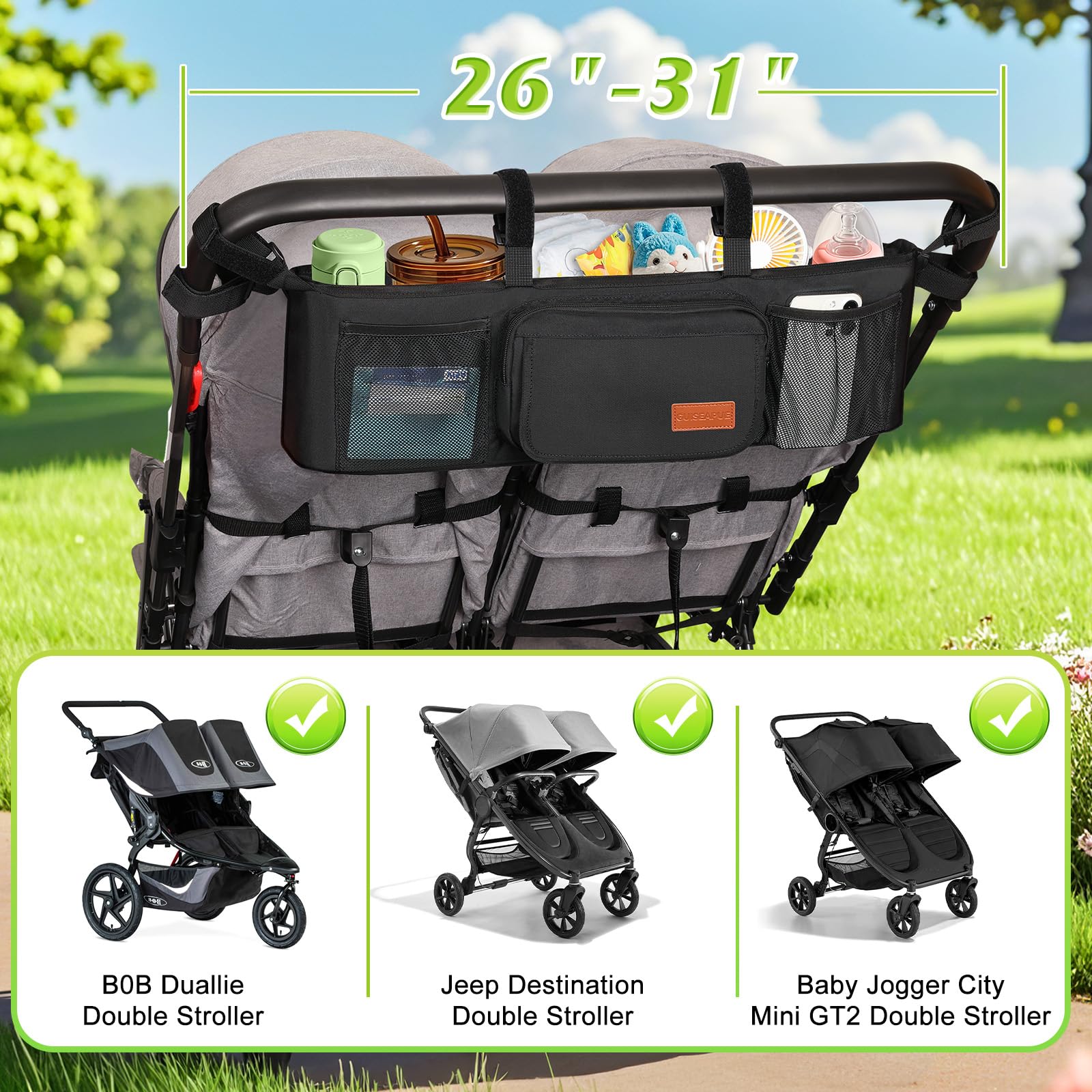 Guiseapue organizer showing insulated cup holders keeps beverages handy on walks.