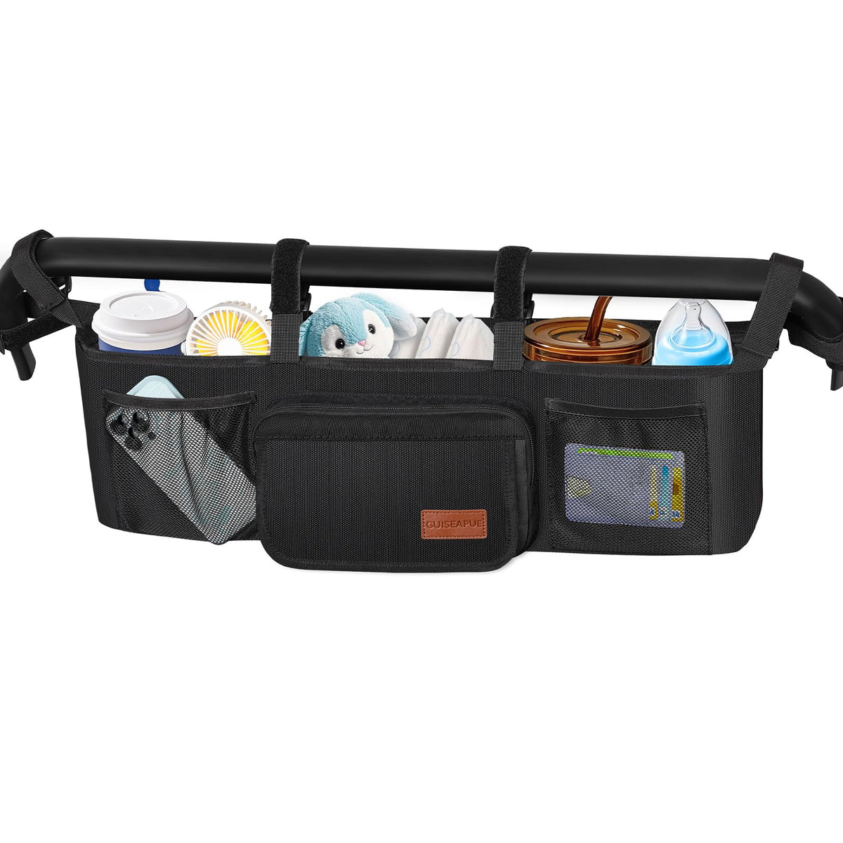 Guiseapue double stroller organizer with six-pocket design for quick on-the-go storage.