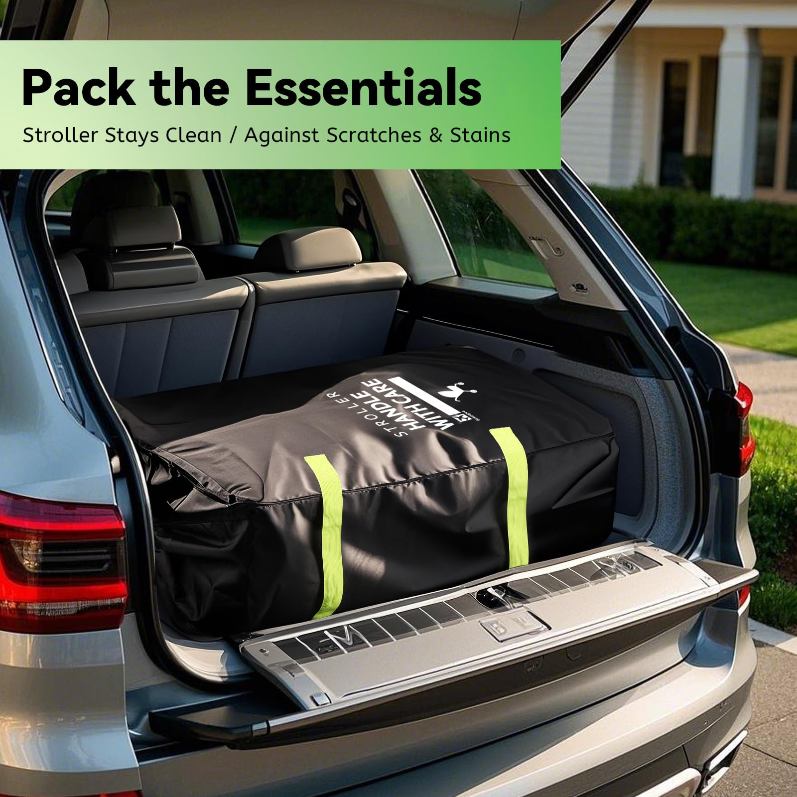Guiseapue stroller bag for airplane folds into its attached pouch for compact packing.