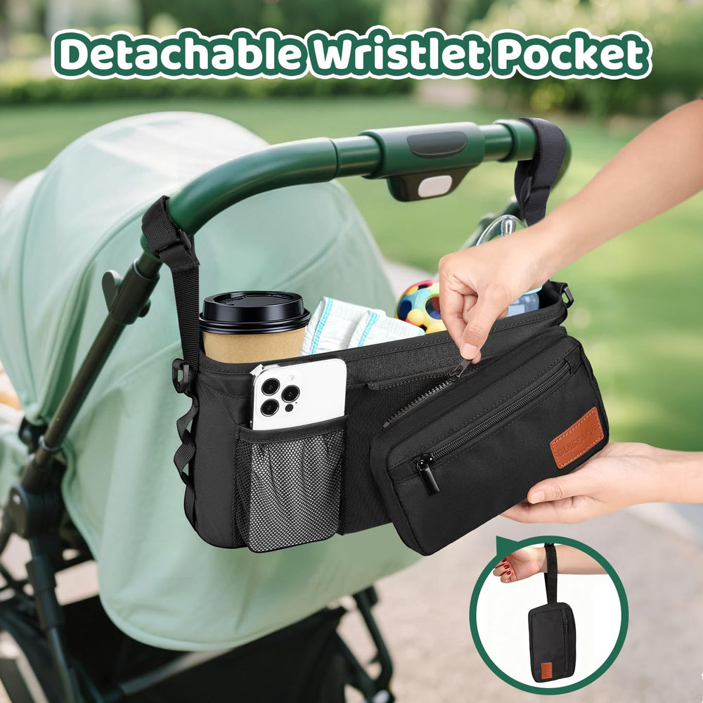 Guiseapue stroller caddy with detachable phone bag helps stay organized on the go