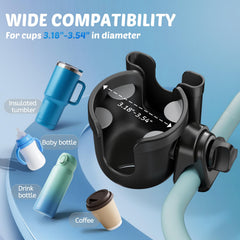Universal handlebar clamp secures on strollers, wheelchairs, and bikes.