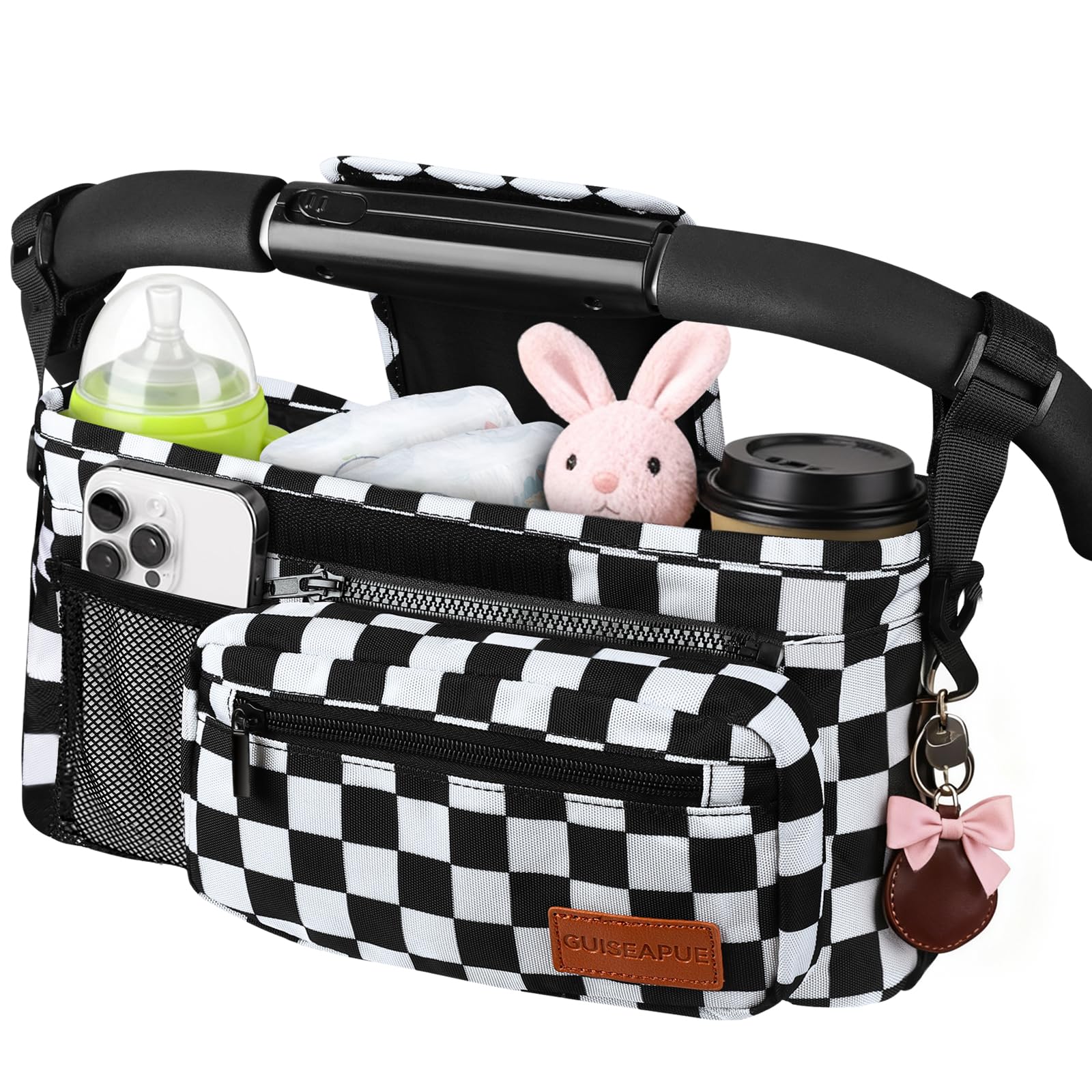 Guiseapue universal stroller organizer with cup holder mounted on a stroller for easy access to drinks.