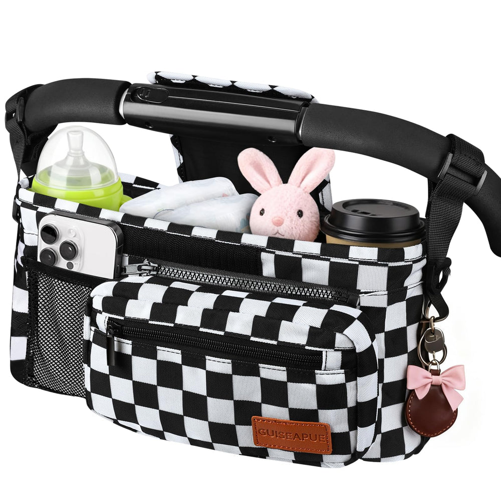 Guiseapue universal stroller organizer with cup holder mounted on a stroller for easy access to drinks.