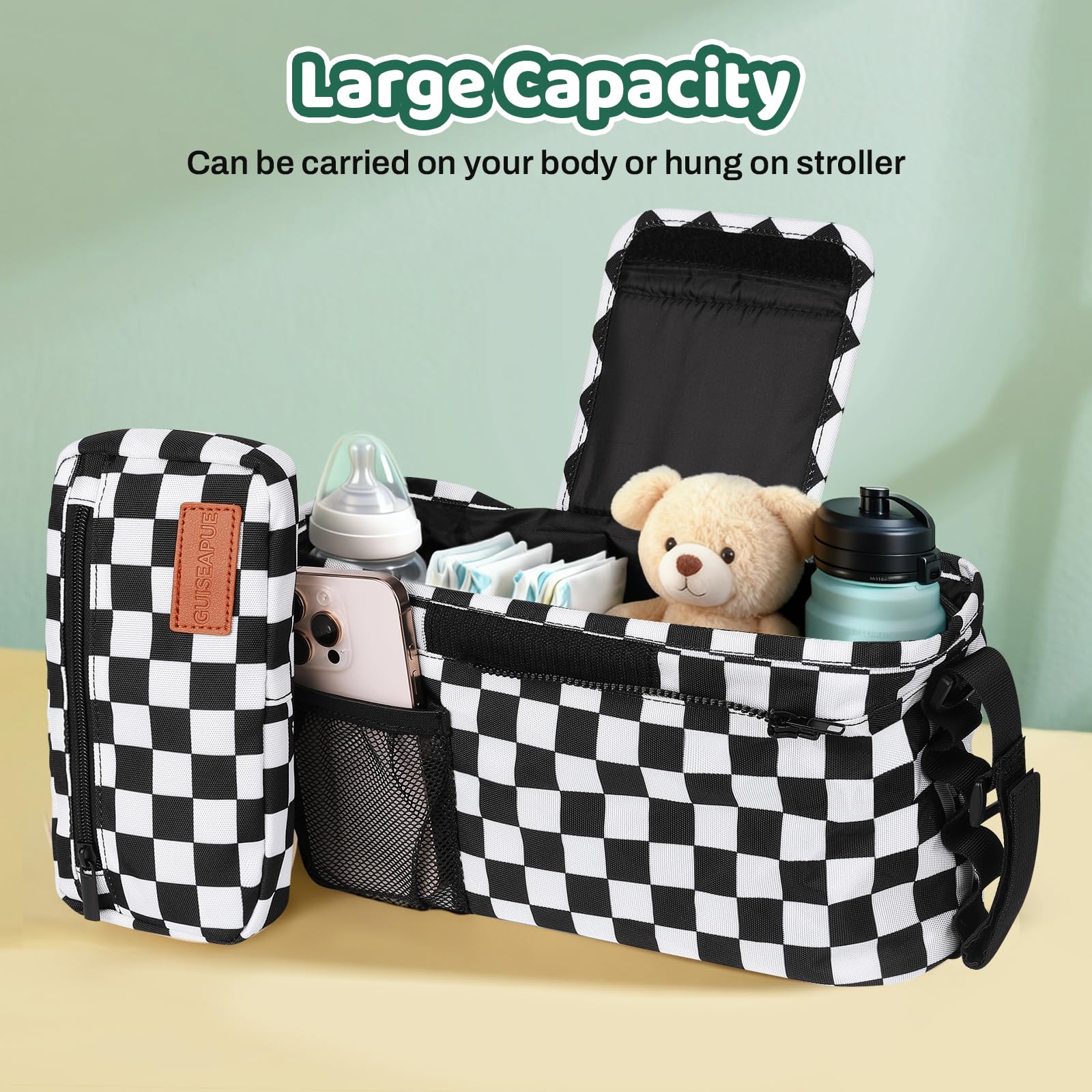 Guiseapue stroller organizer with shoulder strap for hands-free carrying.