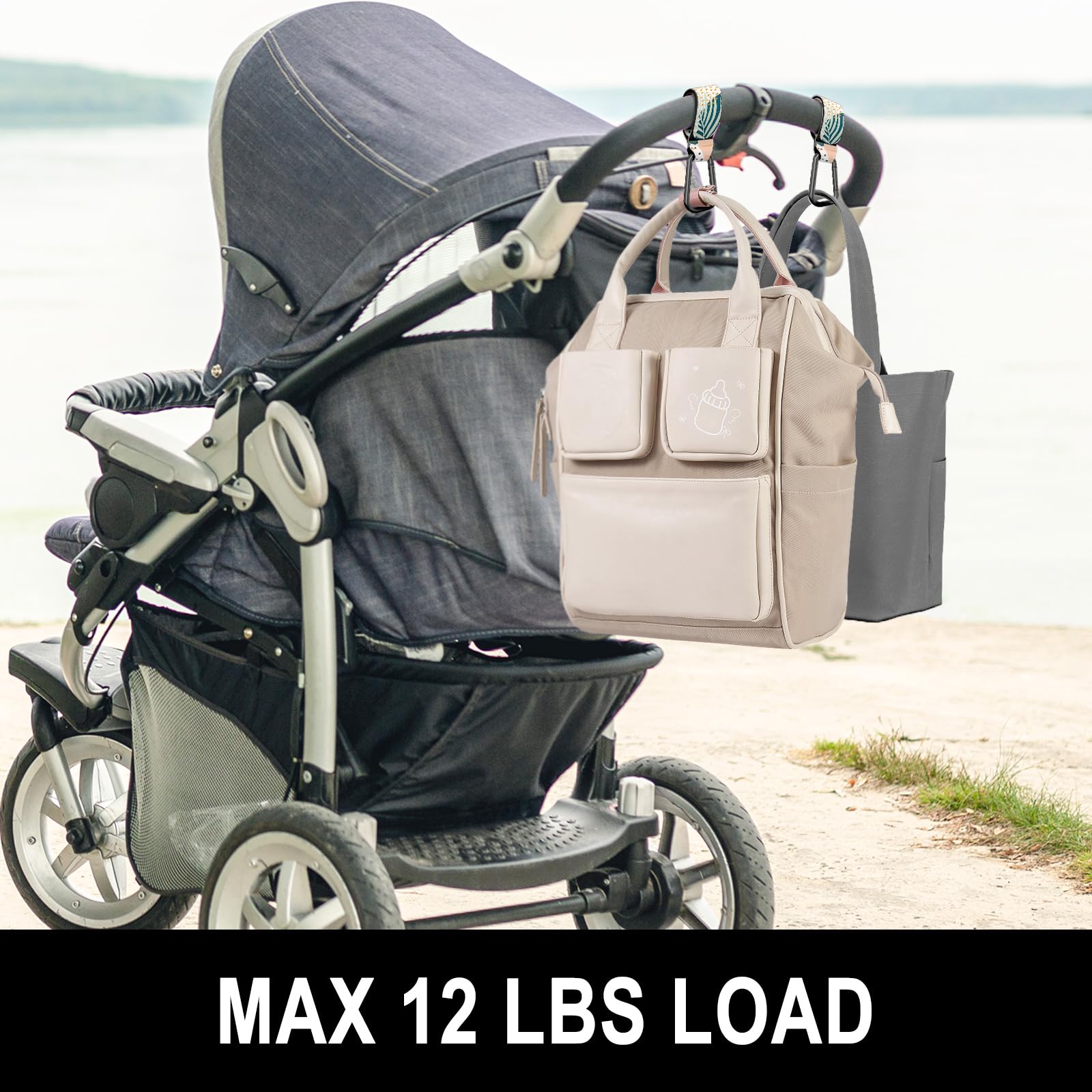 Gukeniu universal clips attach easily to many strollers with abstract leaf motif