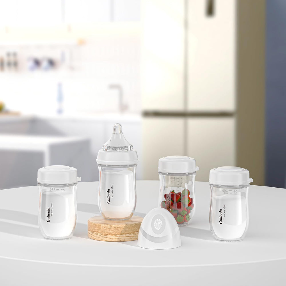 Gulicola white 4-pack breastmilk bottles with clear design for storage and heating