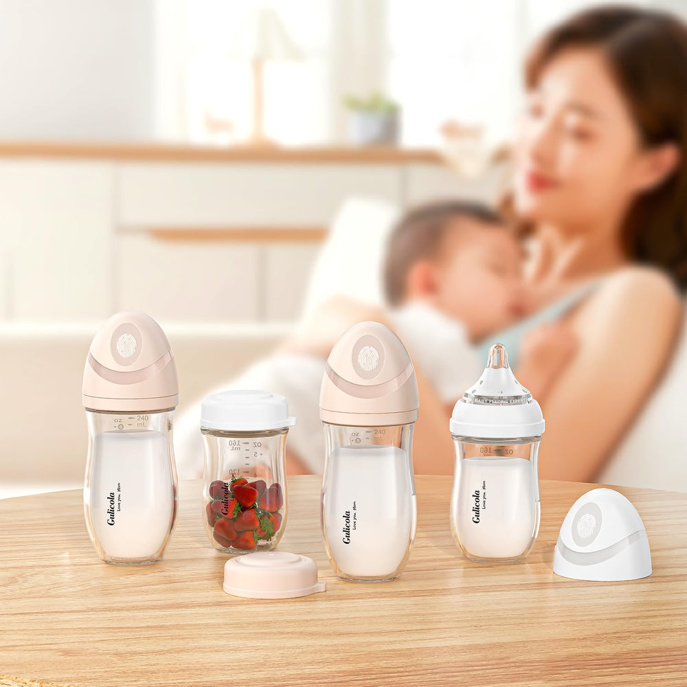 Gulicola borosilicate bottle side angle, durable and easy to sterilize after feeding.