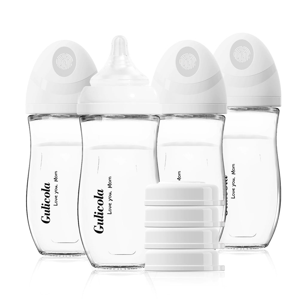 Gulicola natural glass bottle front view for easy feeding and durable safety.