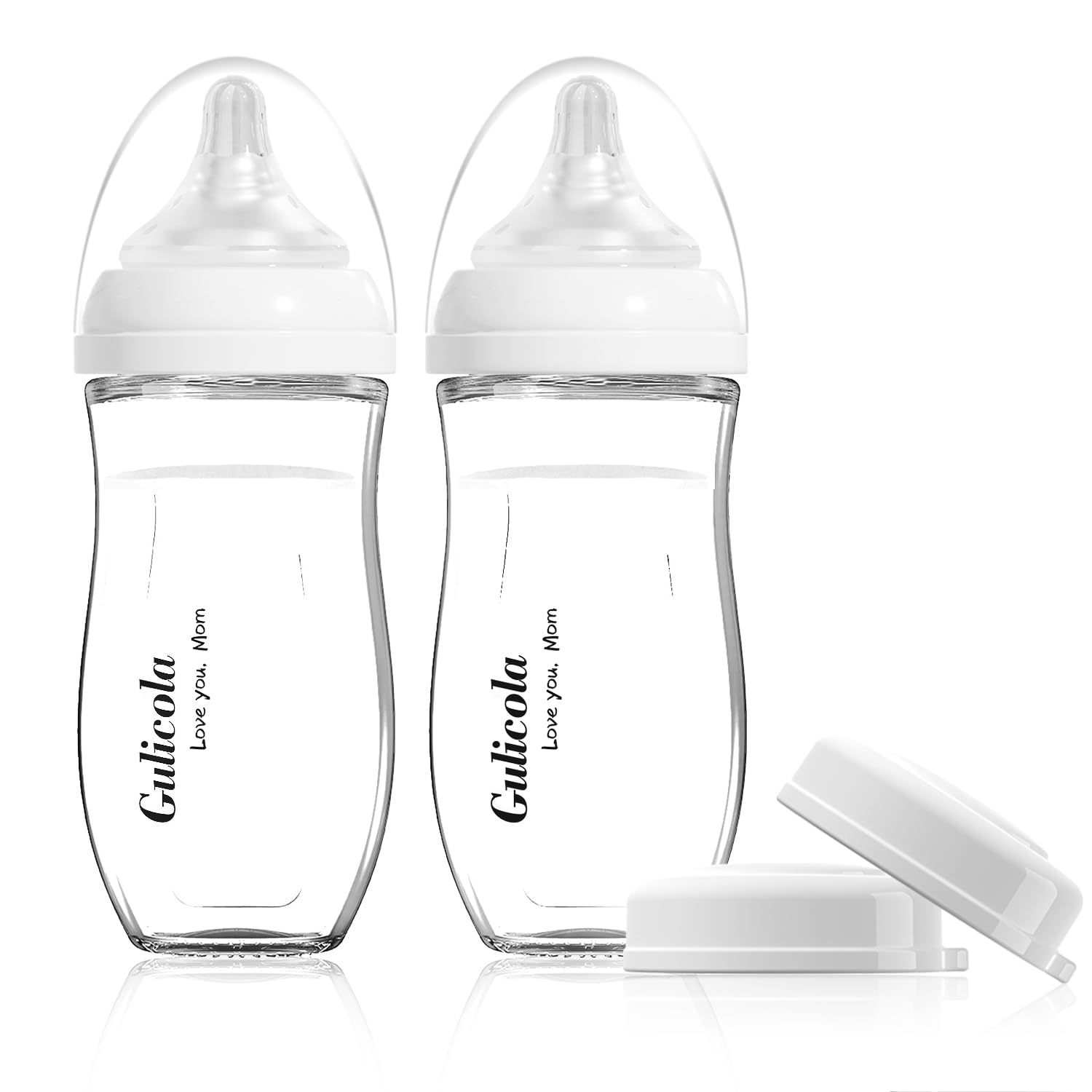 Gulicola natural glass baby bottle front view, BPA-free and ideal for breastfed infants.