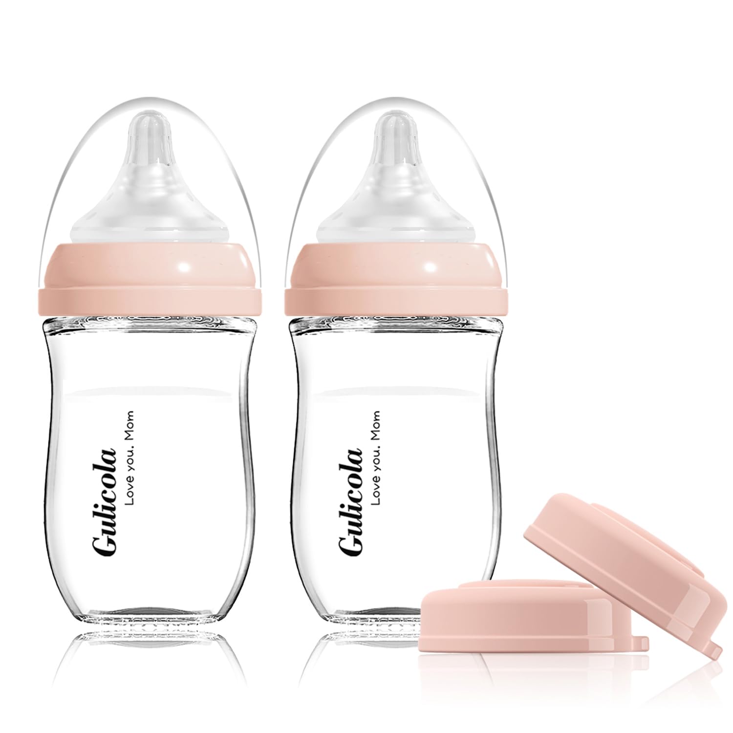 Gulicola natural glass baby bottle pink front view with easy grip