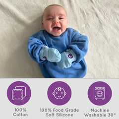 Gummee Glove Blue baby wearing mittens demonstrates safe teething wear