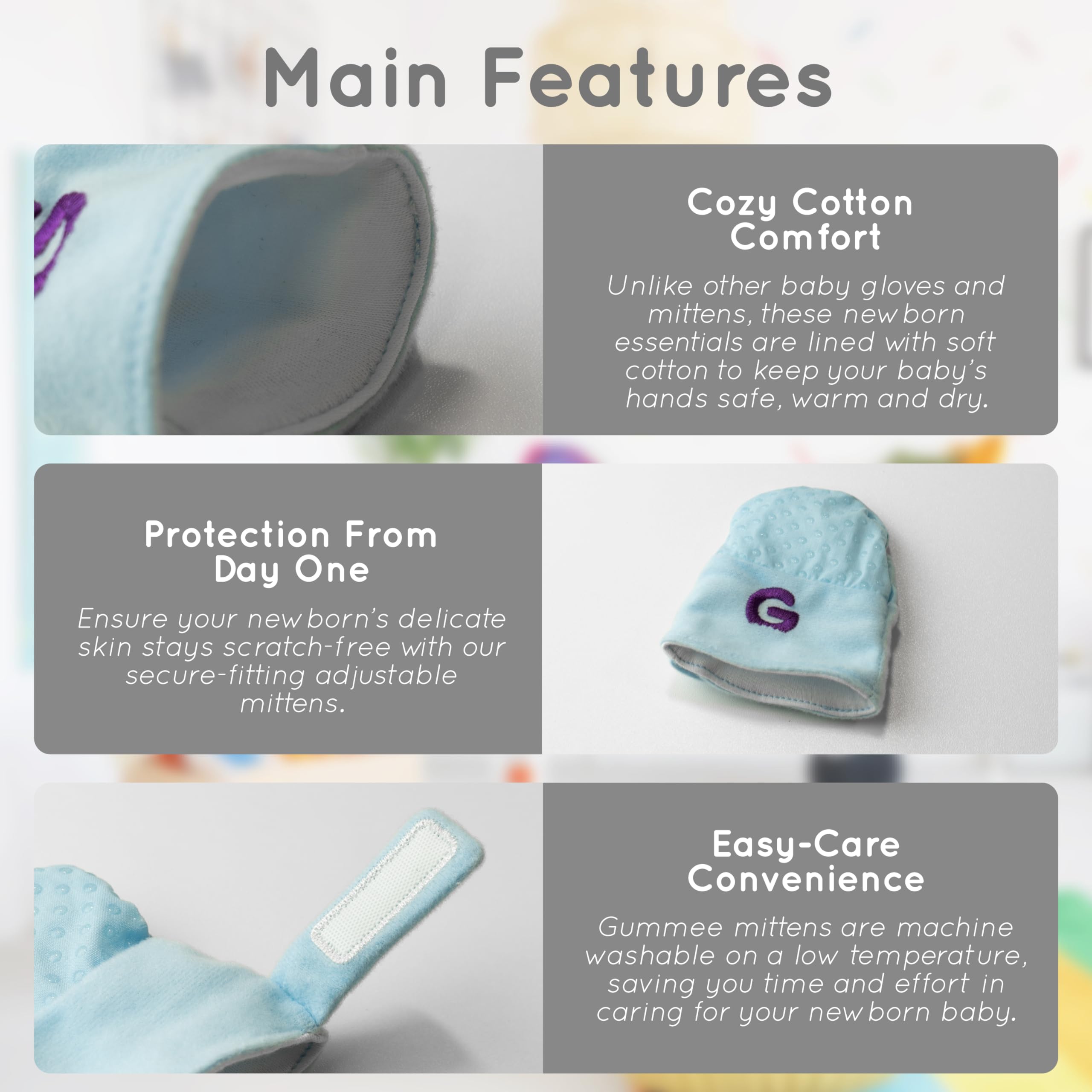 Gummee Glove Blue close-up texture highlights soft fabric and secure fit
